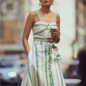 Anthropologie Hutch Green and White 2- Piece Set- Button Front Midi+Crop Top